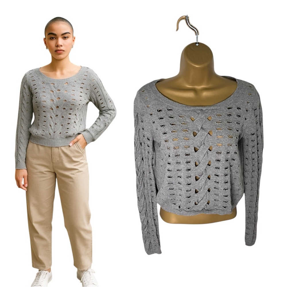 Rock & Republic Distressed Open Knit Cropped Pullover Sweater Gray XS